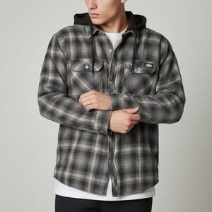 Dickies Quilted Lined Flannel Hooded Overshirt Jacket – Black Grey Plaid, XL